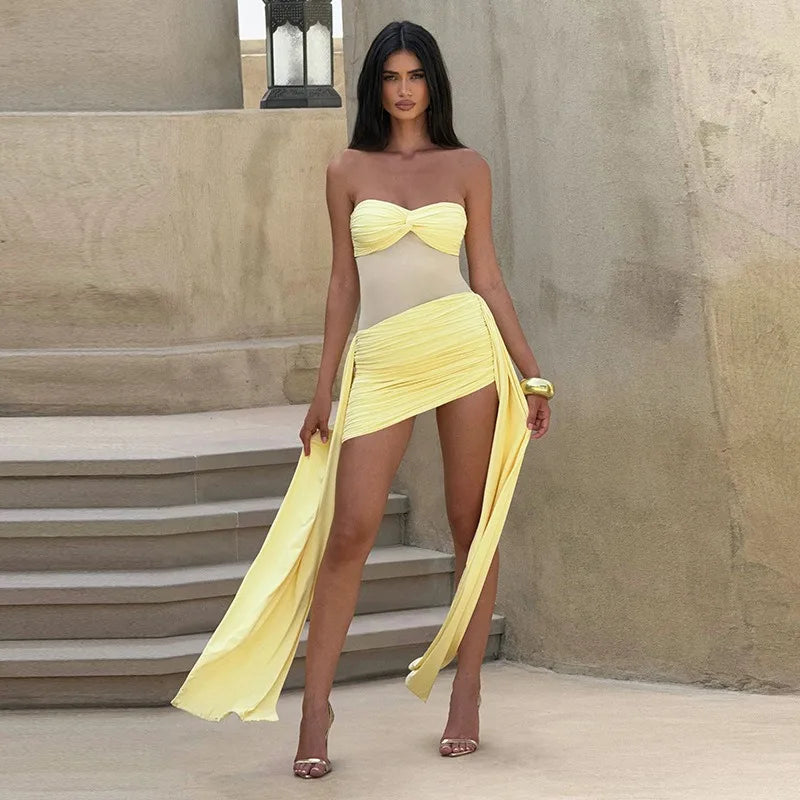 See Through Mesh Spliced Strapless Draped Mini Dresses Sexy Party Club Outfits Evening Dress Woman