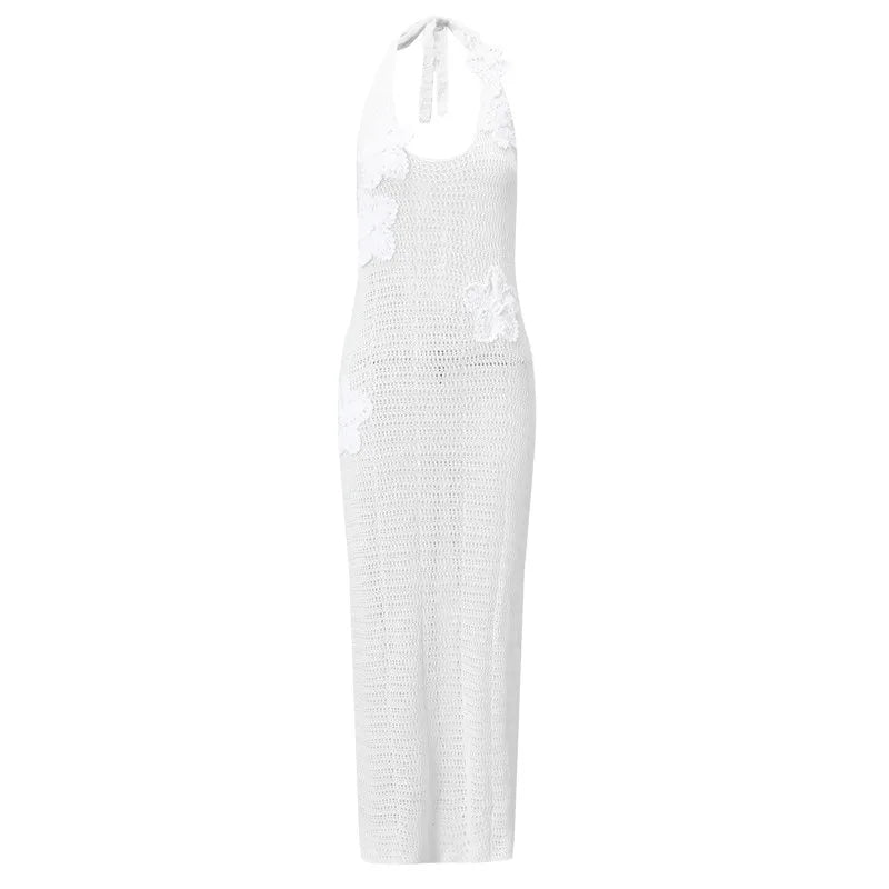 Sexy Women's Halter Neck Knit Dress Sleeveless 3D Flower Hollow Out Bodycon Long Dress Holiday Beach Sundress