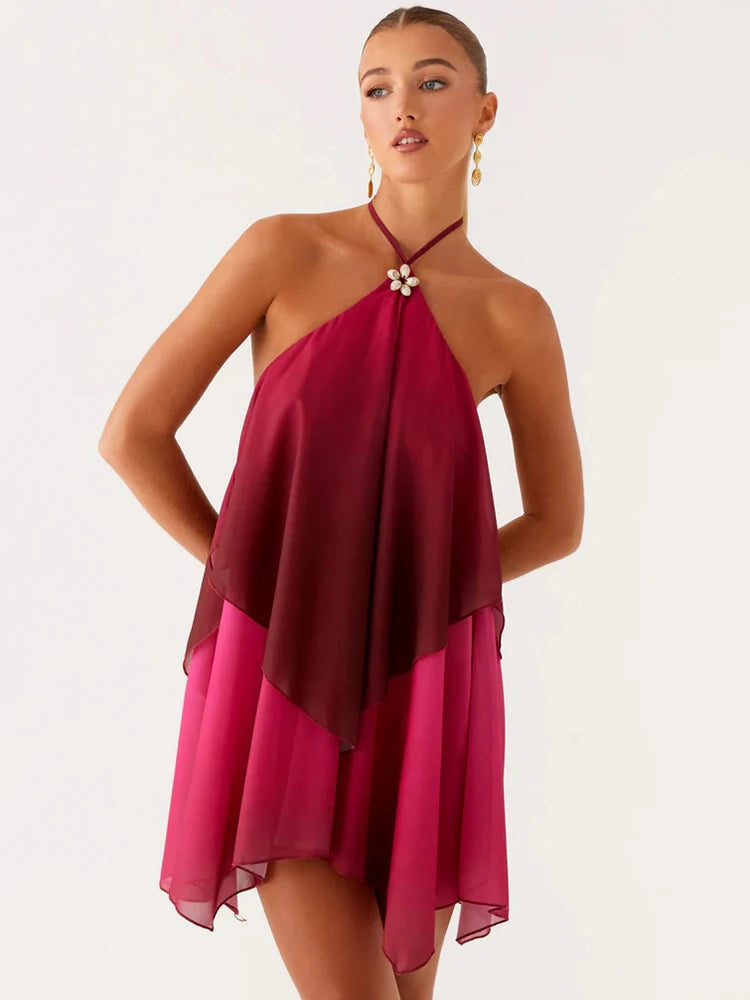 Gradient Halter Backless Sexy Mini Dress Women Gown Elegant Mesh Zipper Off-shoulder Sleeveless Club Party Dresses