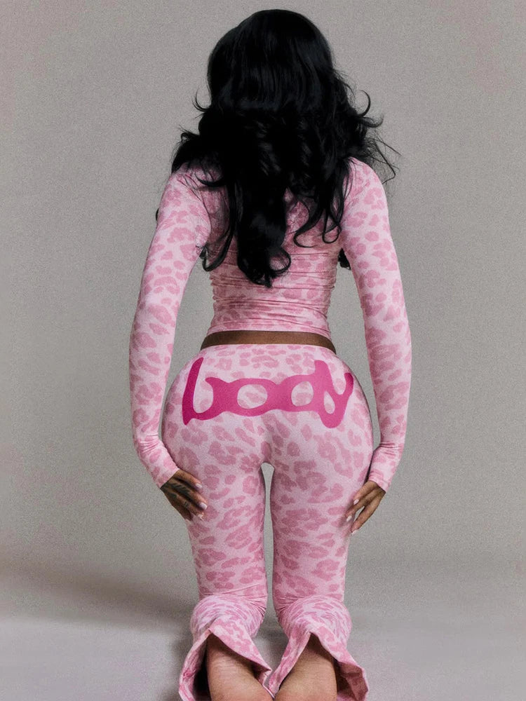 Letter Leopard Print 2 Piece Set Women Casual Zip Hooded Crop Jacke+Leggings Matching Stretch Sporty Street Outfits