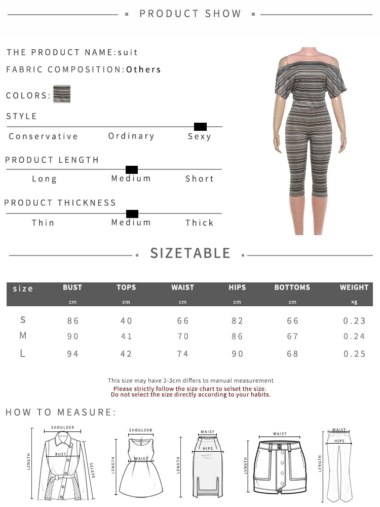 Stripes Print 2 Piece Set Women Trend Slash Neck Half Sleeve Crop T-Shirt+Capri Pants Casuals Chic Street Sport Suits