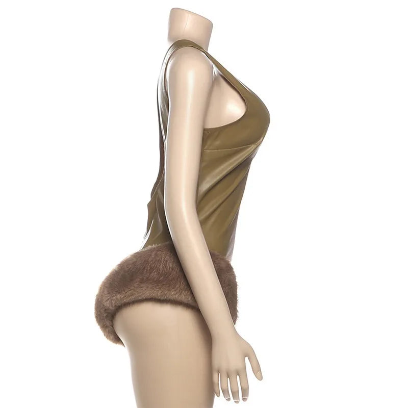 Faux Fur Trim PU Leather Shorts Jumpsuit Deep V Neck Sleeveless Backless Romper Sexy Onesie Woman Club Outfit