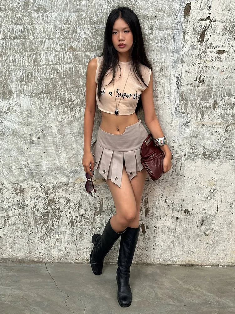 Fashion Hottie Irregular Skirts Women Summer Sexy Metal Hollow Patchwork Ruched Chic Midnight High Street Club Mini Skirt