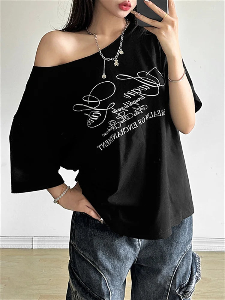 Slanted Dhoulders Woman T-shirt Letter Print Basic Casual Relax Soft Street Basic Classic Fashionable Slim Chic Tees