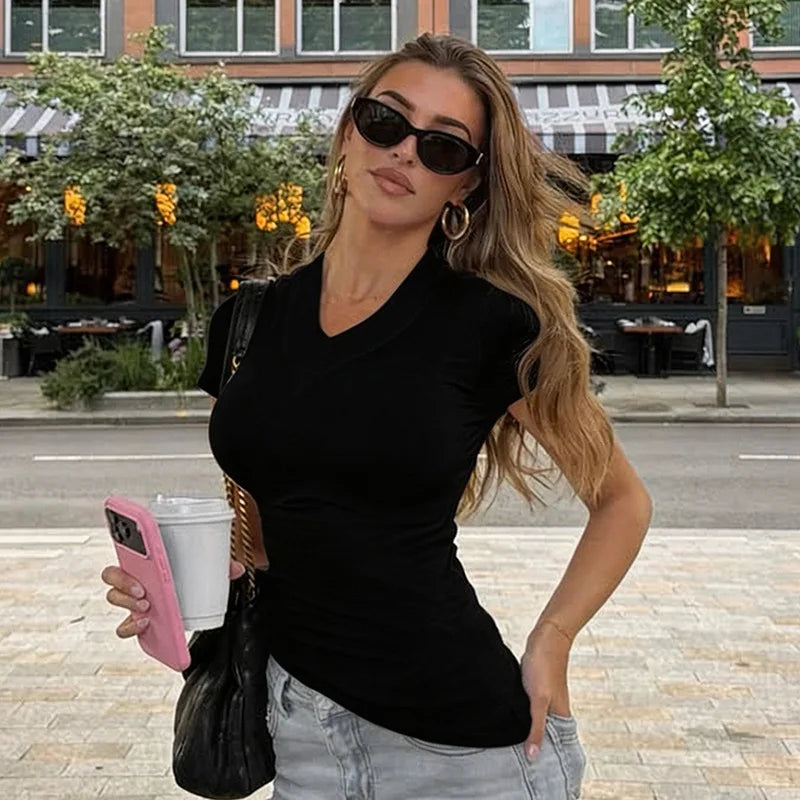 V Neck Side Split Short Sleeve Tops Asymmetrical Tight Fitted White Tshirt Woman Clothes Summer 2026
