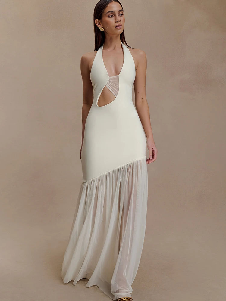 Hollow Out Halter Backless Sexy Maxi Dress Women Gown Elegant Patchwork V Neck Sleeveless Bodycon Club Party Long Dress