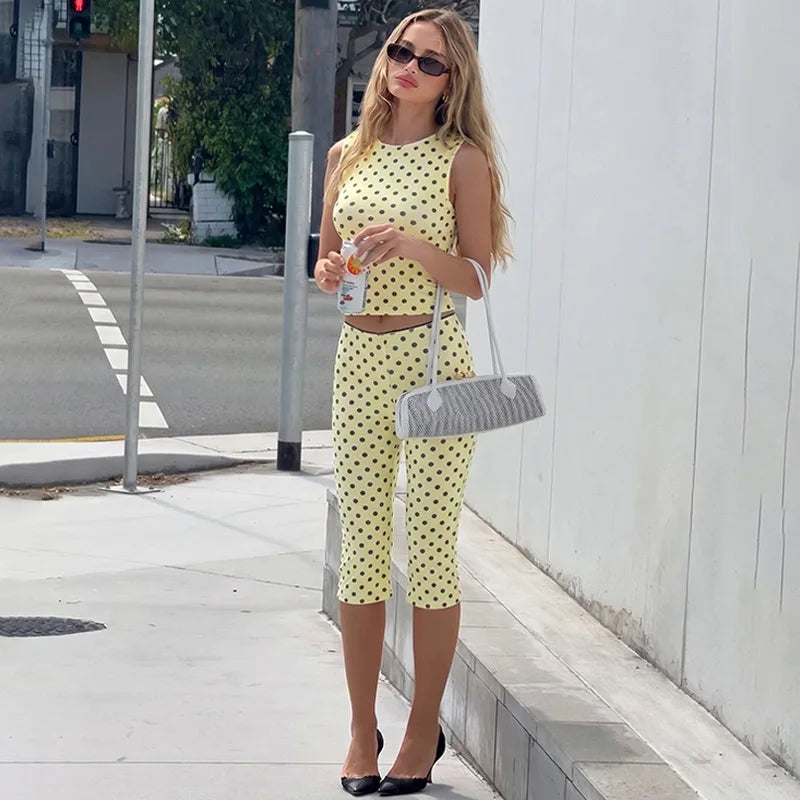 Summer Vacation Women Polka Dot Two Piece Matching Set Sleeveless Cropped Tank Top High Waist Capri Leggings Streetwear