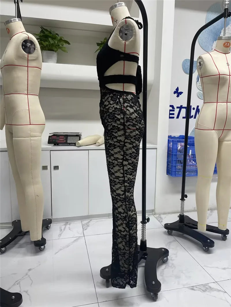 Women Sexy See Through Long Pant Jumpsuit Chic Deep V Neck Floral Lace Romper Cut Out Mesh Outfits Playsuit Streetwear