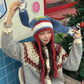 Y2K Cute Color Block Striped Bunny Ear Braid Knit Beanie For Women