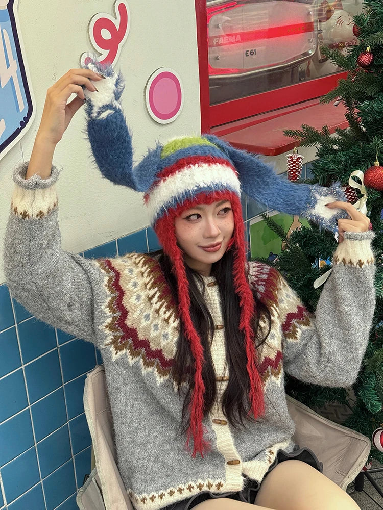 Y2K Cute Color Block Striped Bunny Ear Braid Knit Beanie For Women