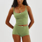 Women 2 Piece Cotton Lounge Set Long Sleeve/Spaghetti Strap Ribbed Knit Crop Top Bodycon Shorts Solid Pajama Sleepwear