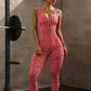 Cross Knot Bandage Design Yoga Jumpsuit Woman Leopard Print Low-Neck Sleeveless Skinny Wrap Hip Sporty Style Overalls