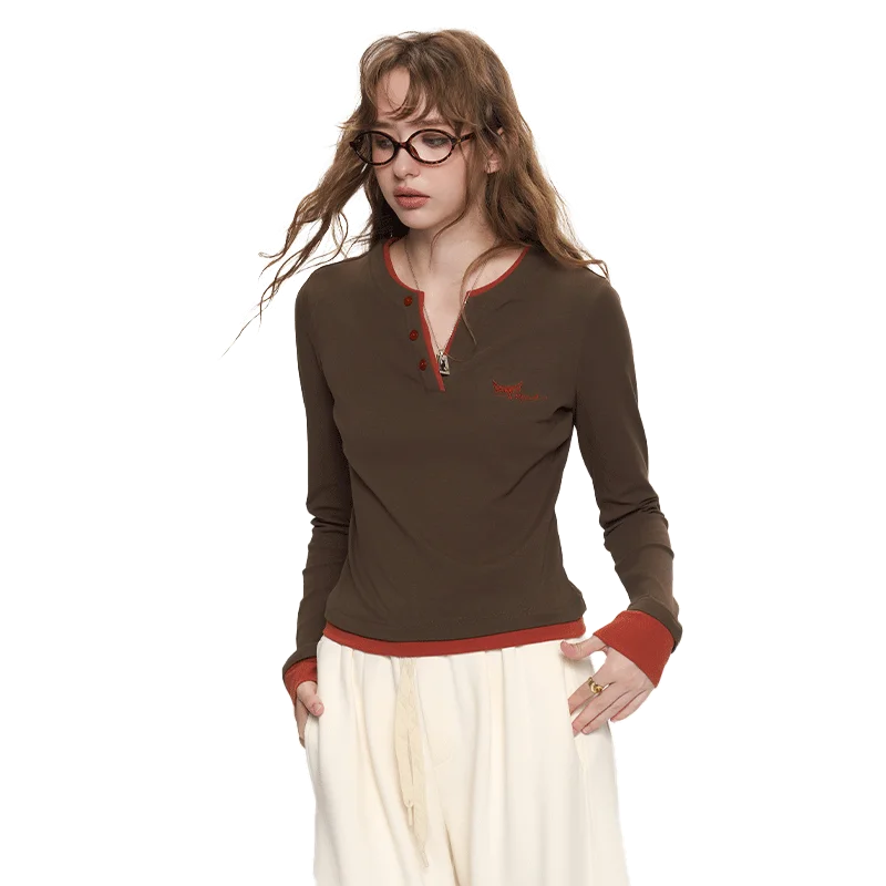 Women's Henley Ringer T-Shirt with Contrast Trim, Long Sleeve Casual Slim Top for Everyday Wear