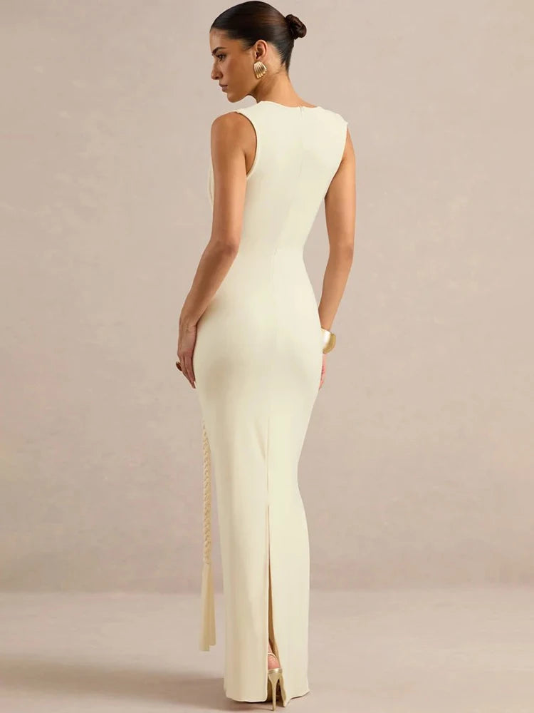 Women Deep V Neck Sleeveless Sexy Maxi Dress Wrap Ruched Bodycon Long Dress Elegant Evening Club Party Formal Gown