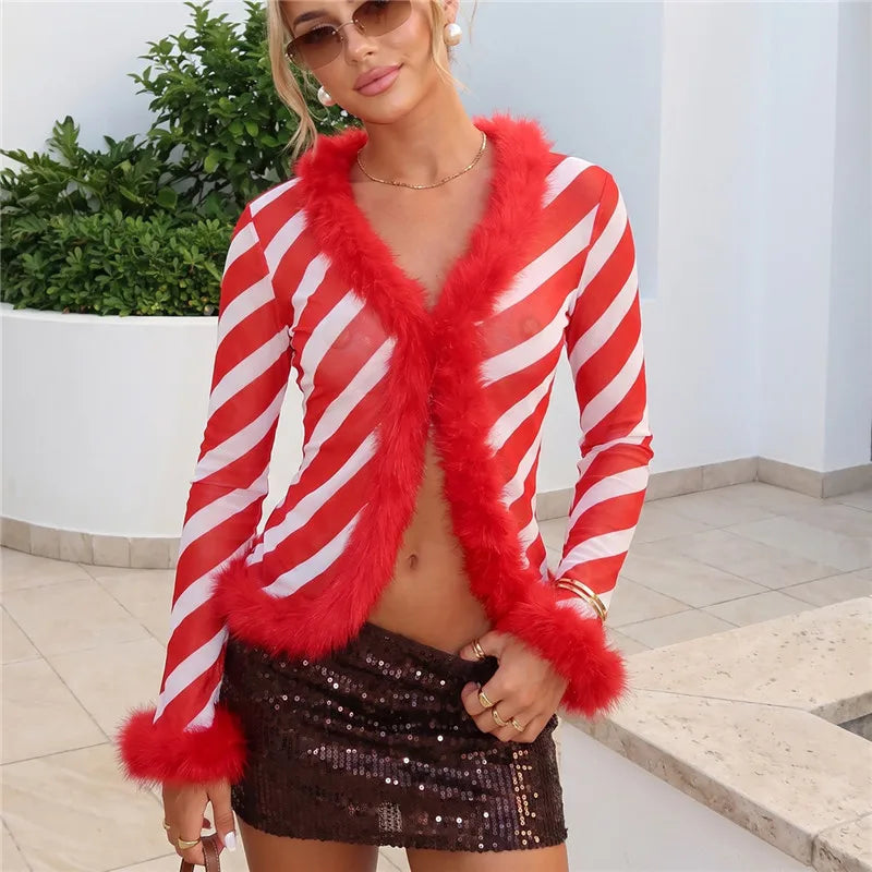 Women Y2K Faux Fur Trim Mesh Cardigan Long Sleeve V Neck Open Front Cropped Sheer Jacket Club Party Outerwear Tops