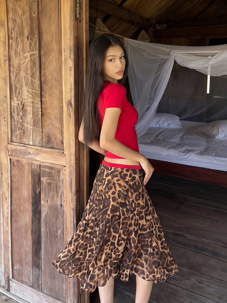 Patchwork Leopard Print Skirt Women Elastic Waist Classic Street Chic Summer Fashion Vacation Daily Leisure Clubwear