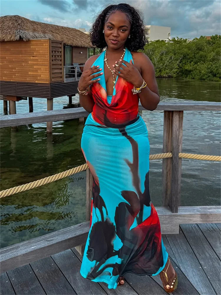 Flower Print Long Dress Women Summer Trend Halter Swing Collar Backless Sleeveless Vacation Fashion Skinny Vestidos
