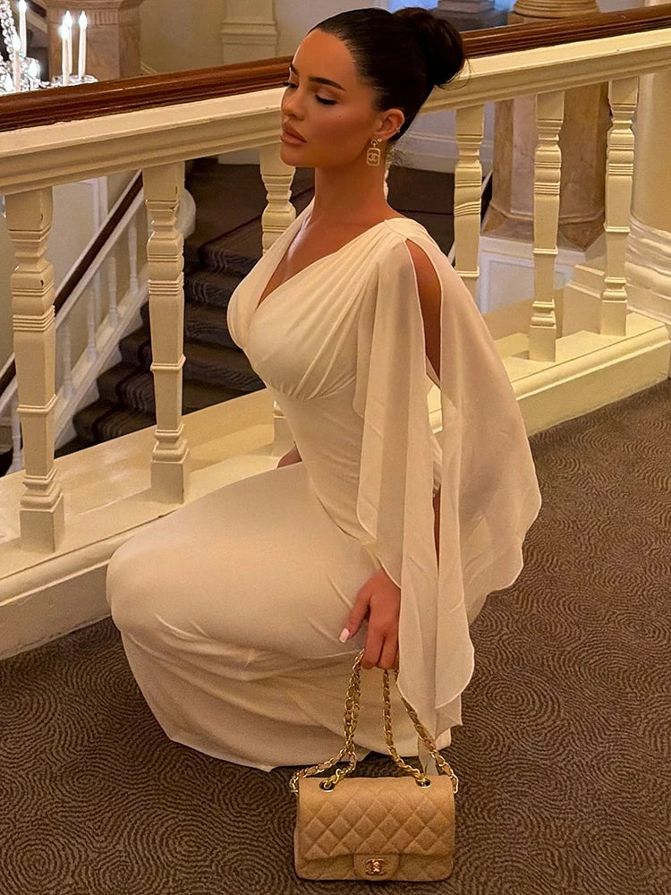 Women Deep V Neck Flutter Sleeve Maxi Dress Cape Sleeve Mermaid Evening Elegant Wedding Guest Long Party Dress Vestidos
