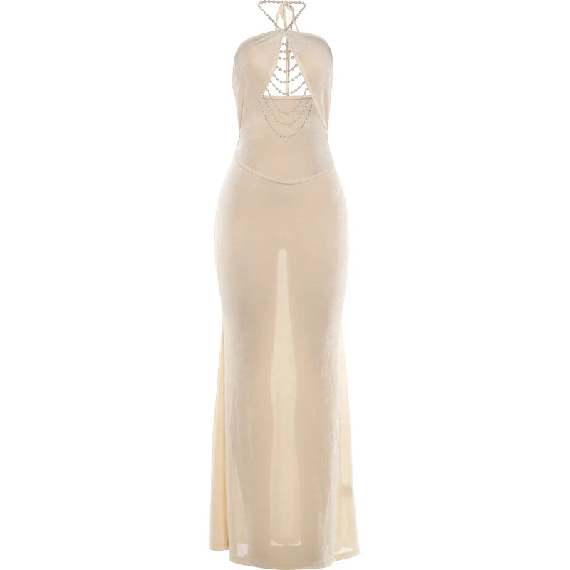 Elegant Bead Halter Dress Women Sexy Chic Backless Hollow Ruched Sleeveless Fashion Simple Evening Party Club Bodycon