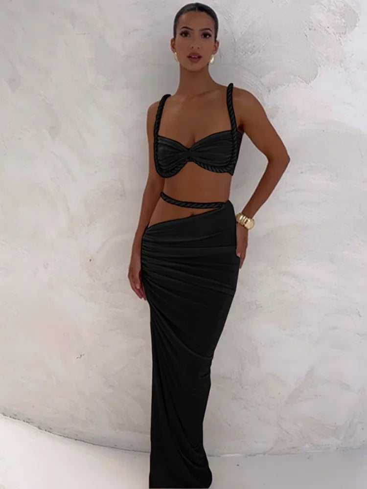 2 Piece Set Twisted Hollowed Out Crop Top and Long Skirt Vacation Outfits Women Summer Beach Party Dress