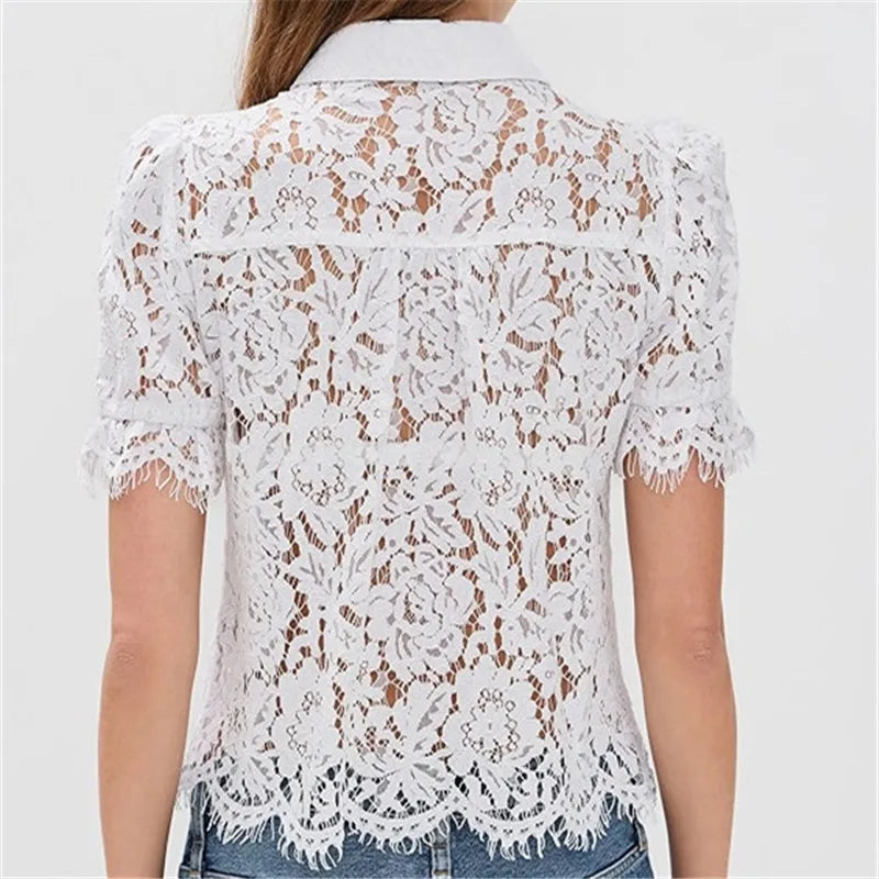 Vintage Floral Lace Blouse For Women Mandarin Collar Frog Button Puff Sleeve Sheer Hollow Out Shirt Solid Summer Party