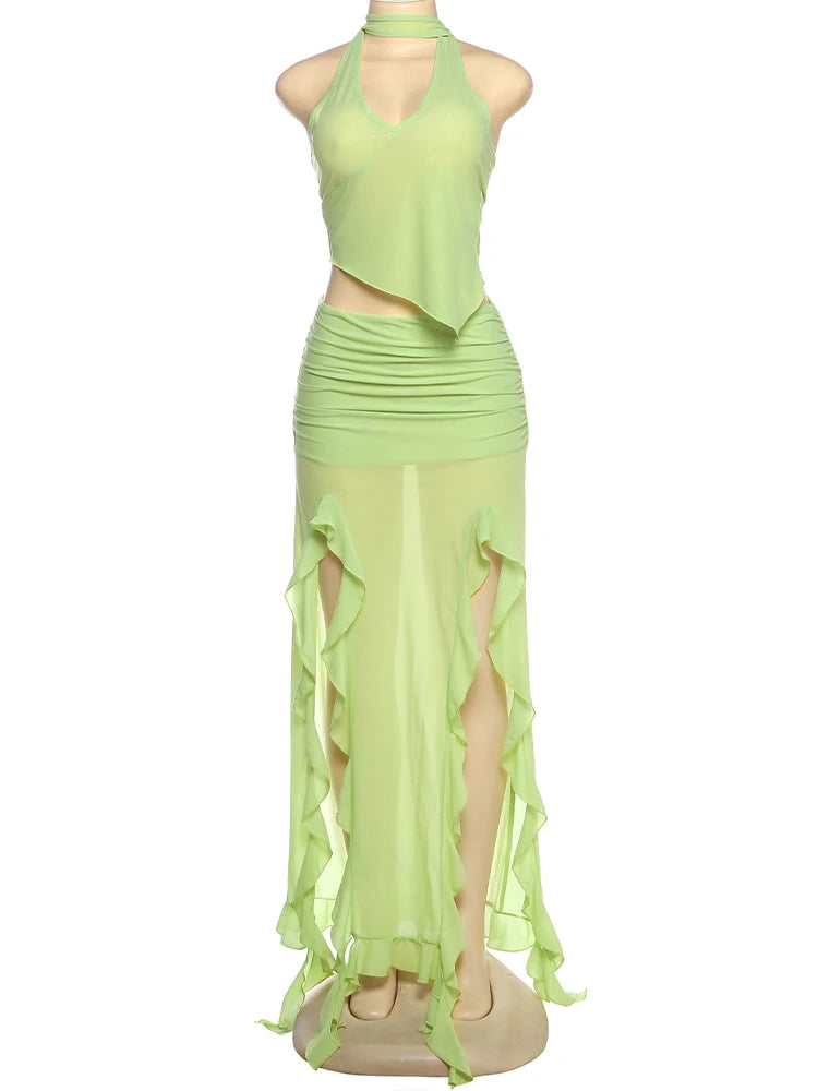 Sexy Fashion 2 Piece Set Women Halter Low-Neck Backless Tank Tops+Ruffles Tassel Splits Hem Skirts Wild Style Outfits