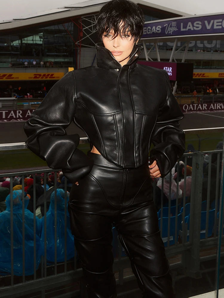 Pu Irregular Crop Jacket Women Turtleneck Zip Button Full Sleeve Wild Sexy Hottie Street Midnight Club Hipster Coat