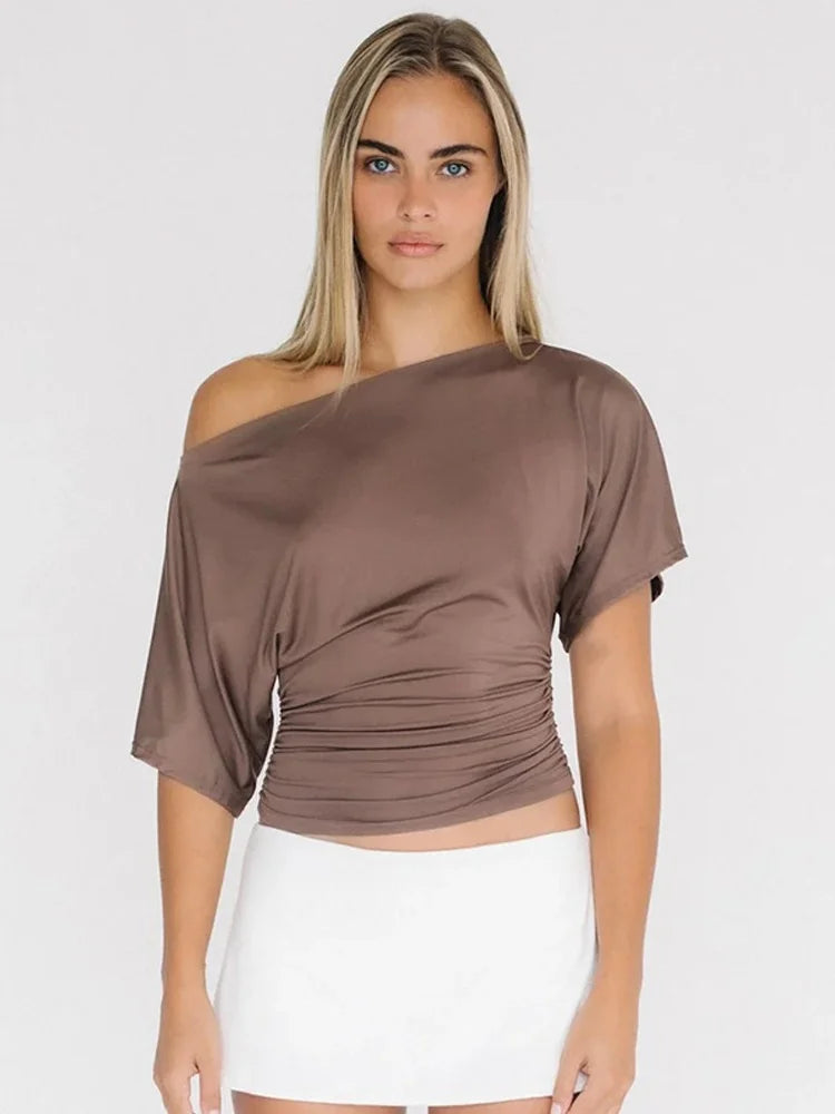 Asymmetrical One Shoulder Short Sleeve Shirts Woman Solid Color Casual Tops Summer Clothes for Woman 2025