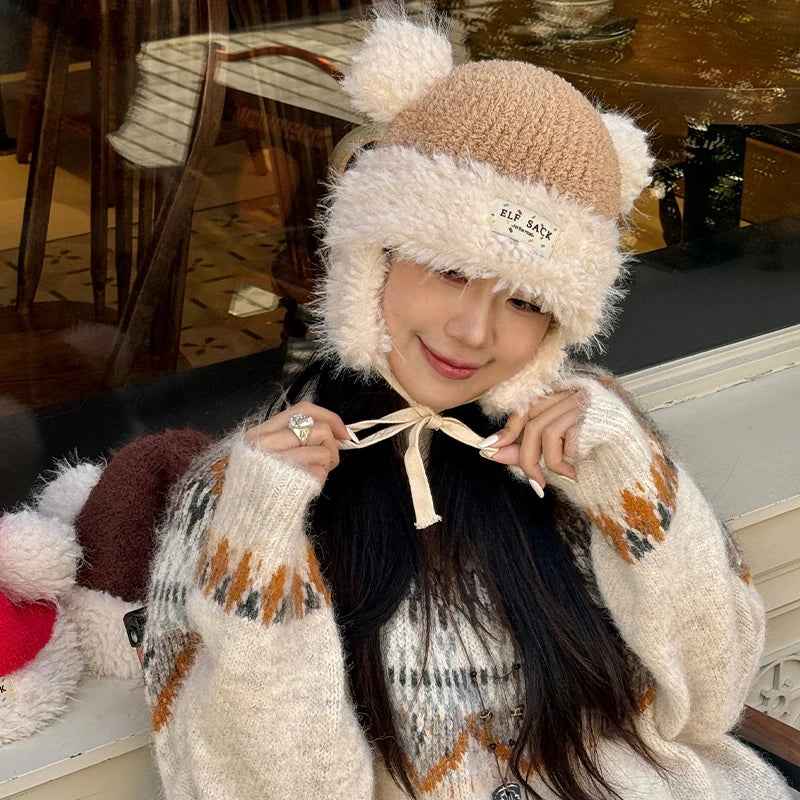 Y2K Cute Plush Hat Ear Flap Solid Tie Beanie For Women
