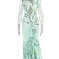 Floral Print Sling Dress+Mesh Scarf Women Sexy Hollow Sleeveless Wrap Buttocks Ruffle Hem Ruched Elegant Long Bodycon