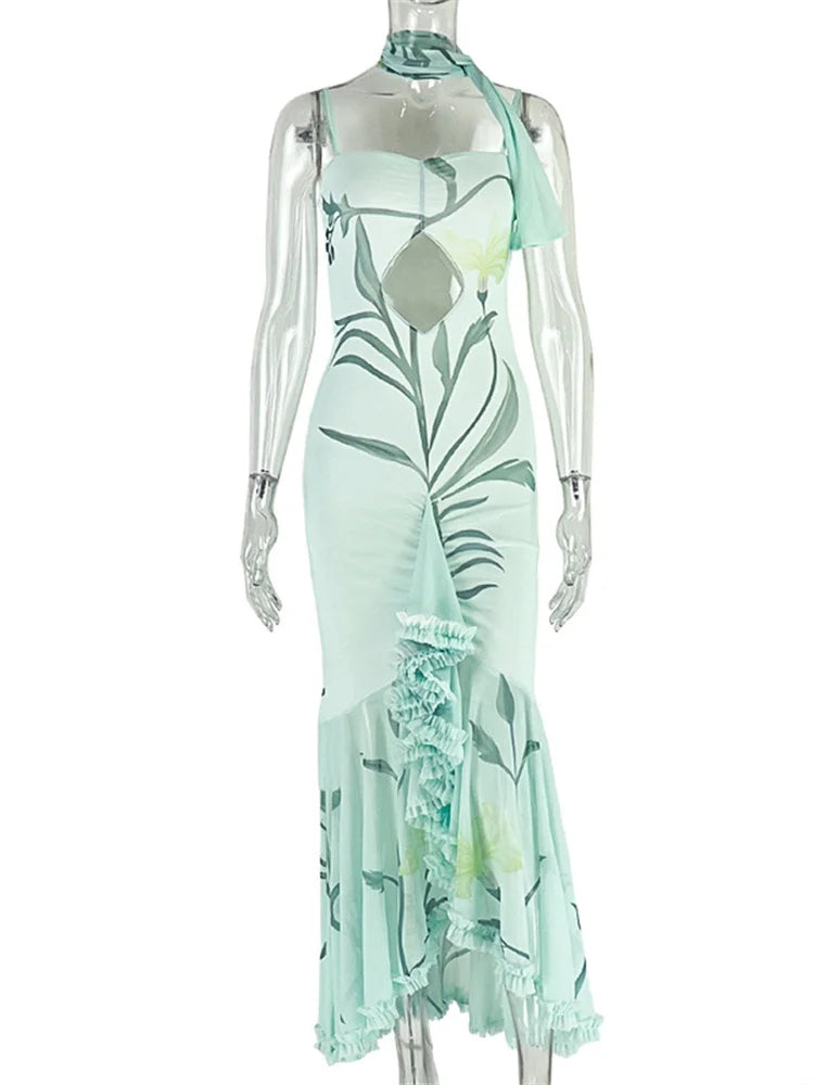 Floral Print Sling Dress+Mesh Scarf Women Sexy Hollow Sleeveless Wrap Buttocks Ruffle Hem Ruched Elegant Long Bodycon