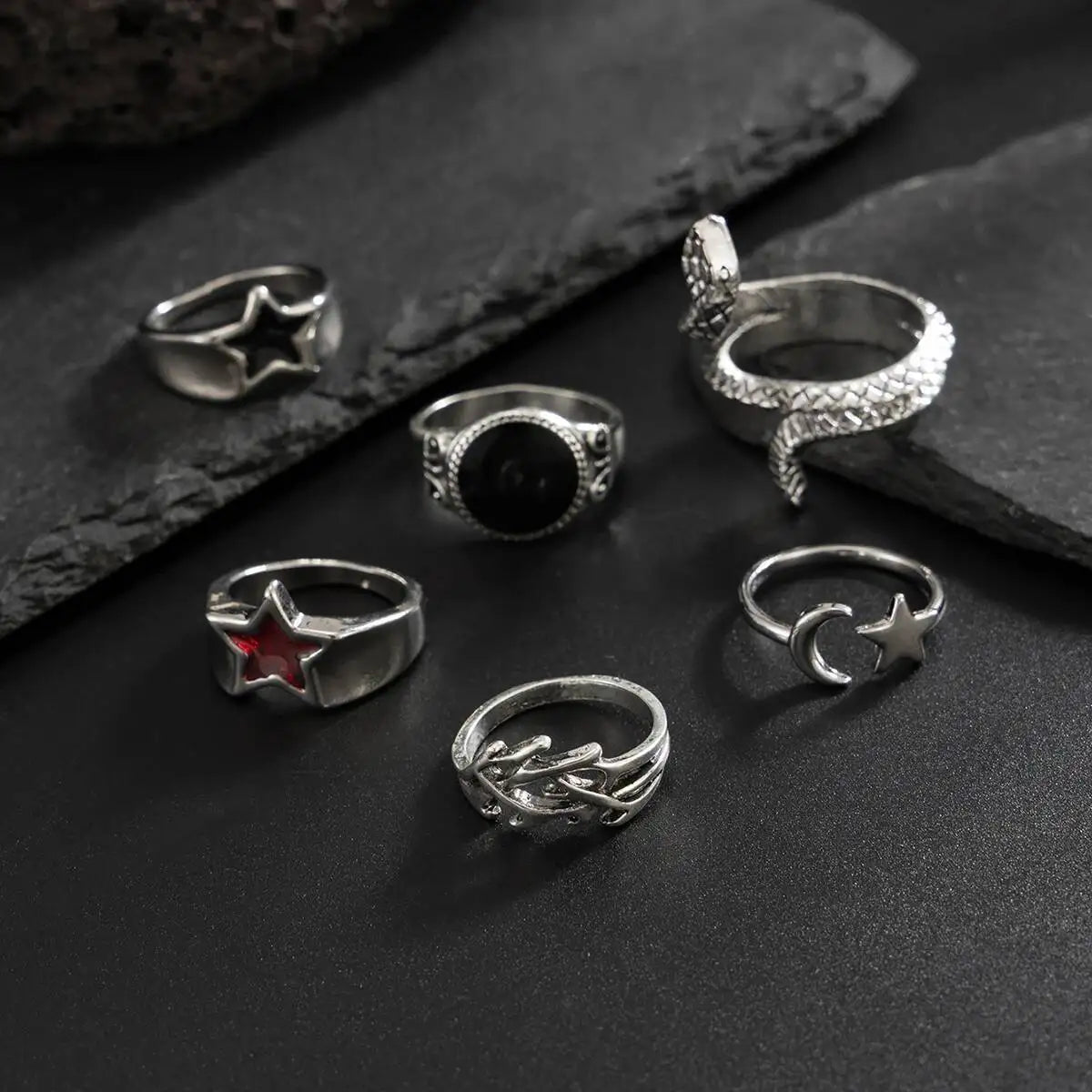 6Pcs New Gothic Snake Open Rings Set for Men Punk Irregular Stars Adjustable Knuckle Ring Halloween Jewelry Accessories