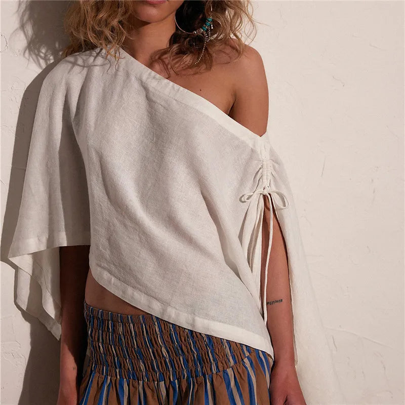 Women's Cape Tops Summer Bohemian Off One Shoulder Solid Color Loose Fit Split Sleeve T Shirts Summer Beach Cover Ups