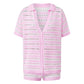 Women Striped Hollow Knit 2 Piece Set Short Sleeve Button Down Top High Waist Mini Shorts Matching Outfit Beach Cover Up