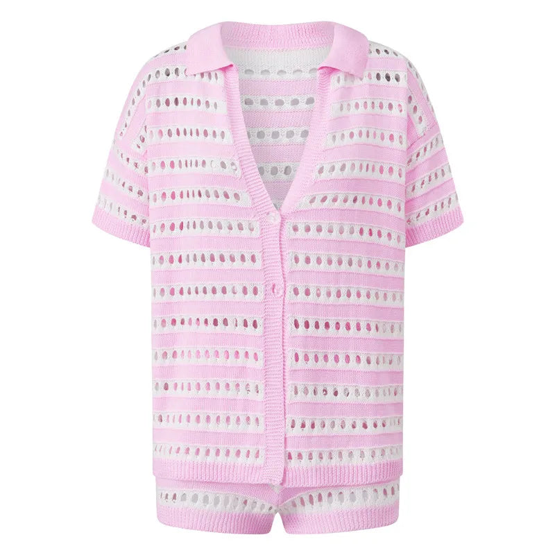 Women Striped Hollow Knit 2 Piece Set Short Sleeve Button Down Top High Waist Mini Shorts Matching Outfit Beach Cover Up