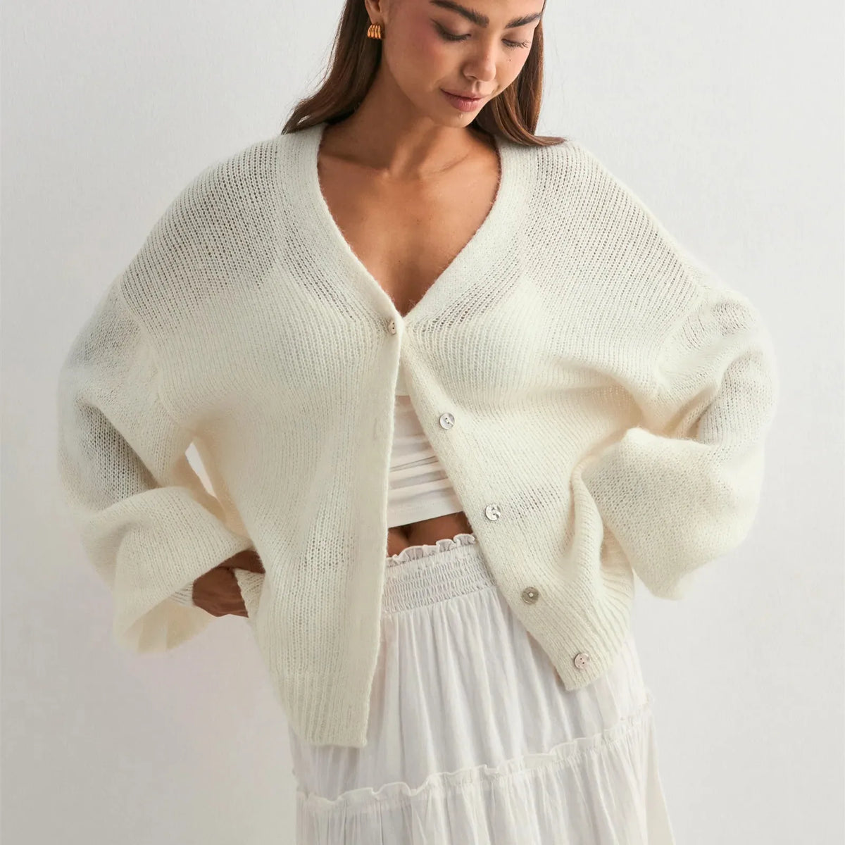 Women's Solid Color Knit Cardigan Autumn V-Neck Fuzzy Long Sleeve Button Front Closure Sweaters Winter Casual Knitwear