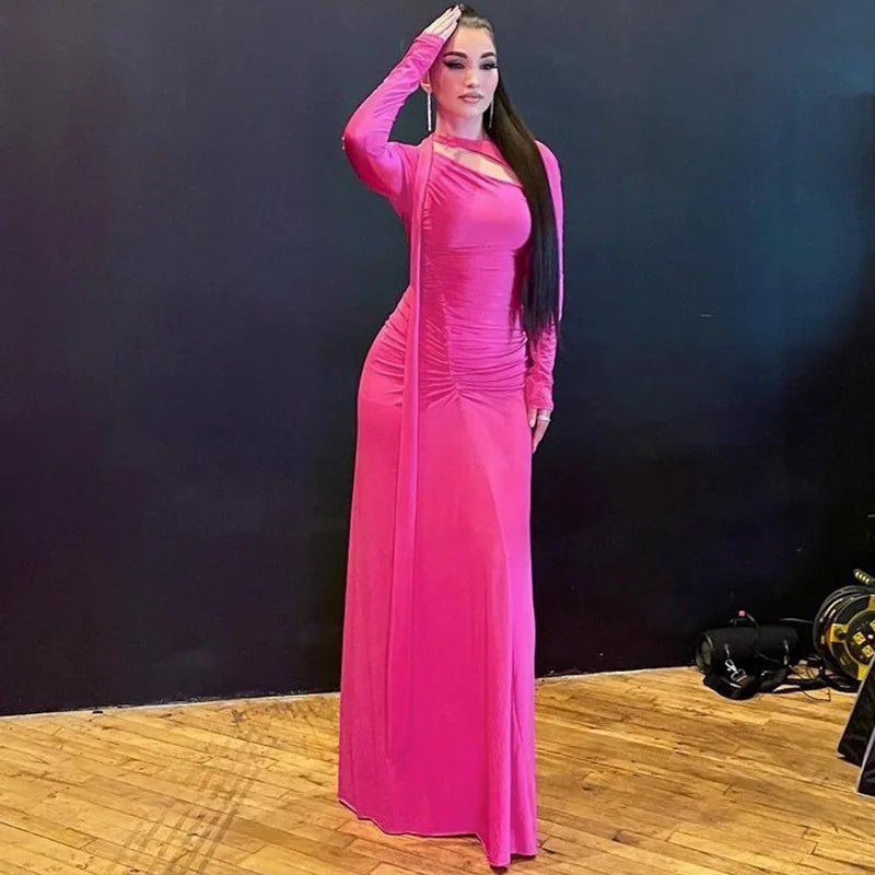 Winter Evening Party Dress Women Elegant Sexy Scarf Collar Ruched Long Sleeve Maxi Dresses Hot Pink Black