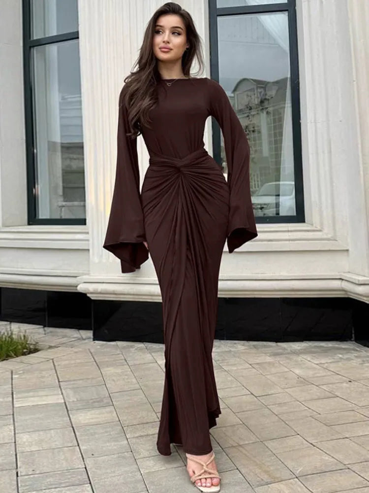 Long Sleeve Draped Ruched Sexy Maxi Dress Women Autumn Winter O Neck High Waist Bodycon Club Party Long Dress Elegant