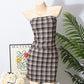 Women's Summer 2 Piece Skirt Outfits Fashion Off Shoulder Plaid Tube Tops + Mini Skinny Bodycon Skirt Set Y2k Streetwear