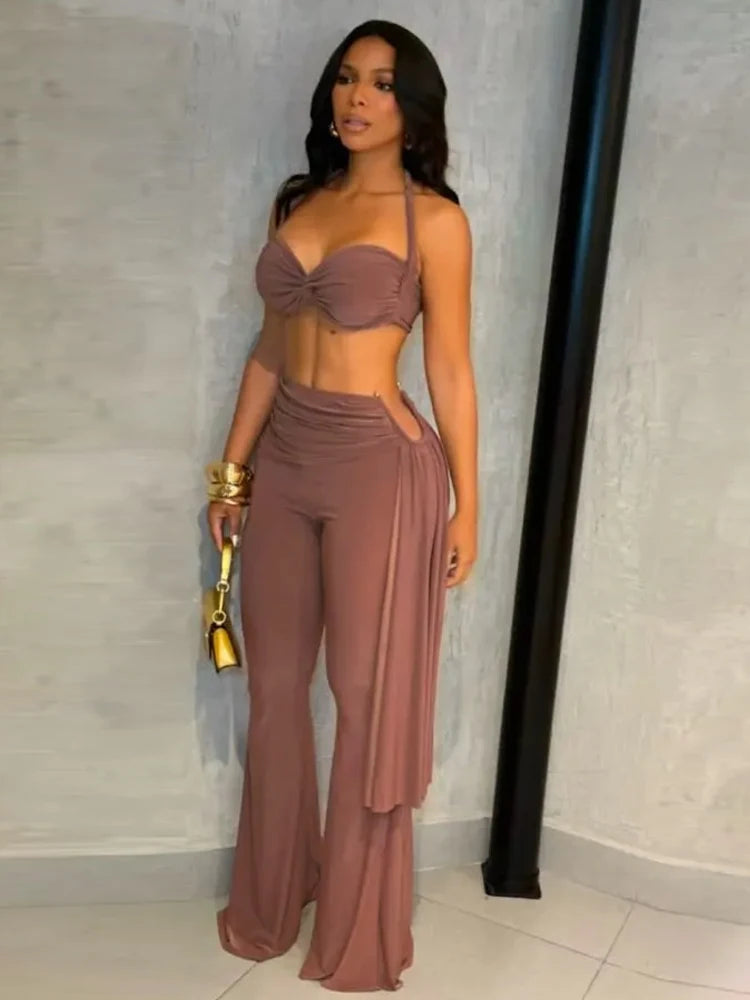 Ruched 2 Piece Set Women Sexy Halter Backless Bra+Metal Casp Ribbon Flared Pants Matching Party Club Stretch Outfits