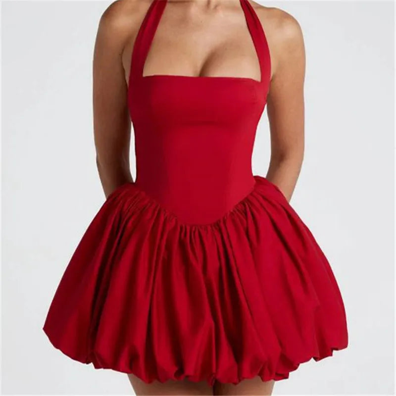 Women Fashion Cocktail Mini Dress Solid/Dots Print Halter Neck Bubble Dress Tie Up A Line Dress Sexy Corset Club Dresses