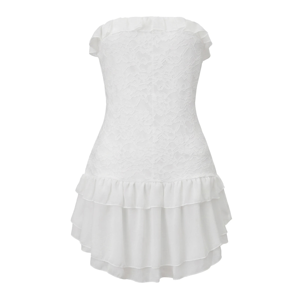 Women Strapless Lace Corset Bodycon Mini Dress Ruffle Trim Layered Irregular Chiffon Hem Back Zipper Party Club Dress