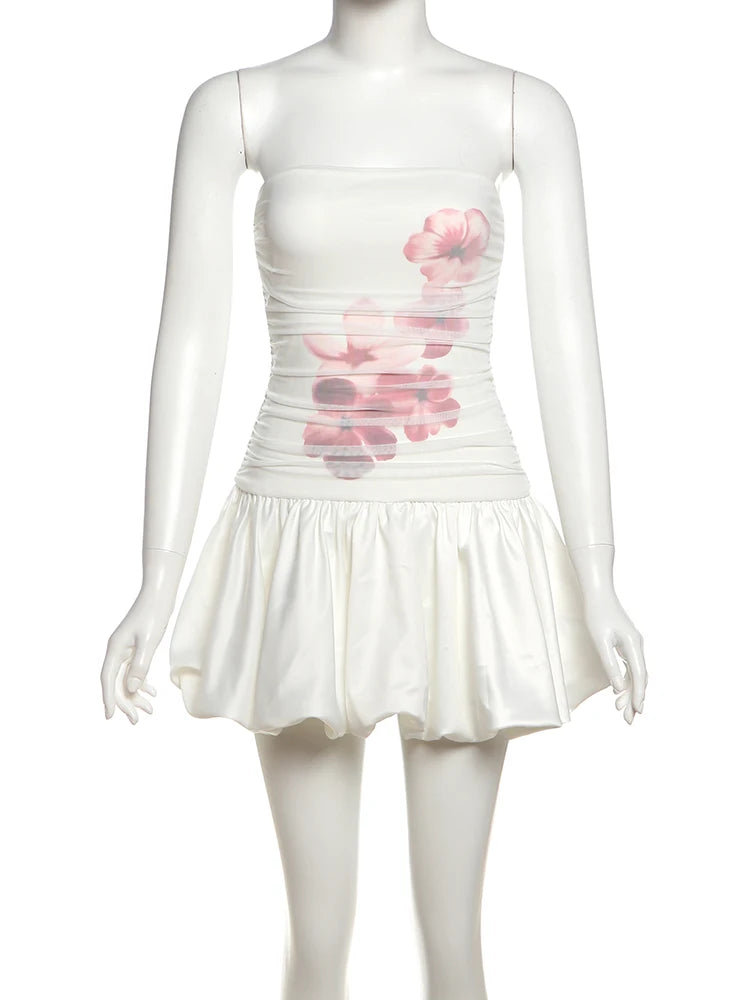 Flower Print Dress  Patchwork Puffy Hem Sleeveless Folds Street Midnight Summer Trend Sweet Chic Strapless Bodycon