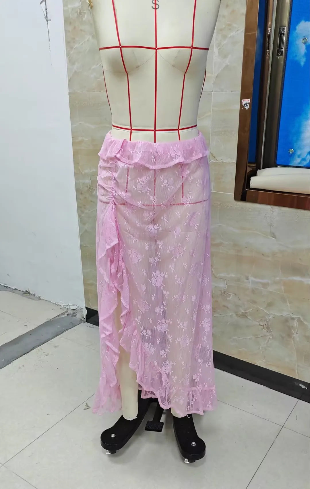 Women Asymmetrical Lace Flowy Skirt Vintage Long Skirts High Waist Ruffle Midi Aesthetic Ladies See Through Beach Skirts
