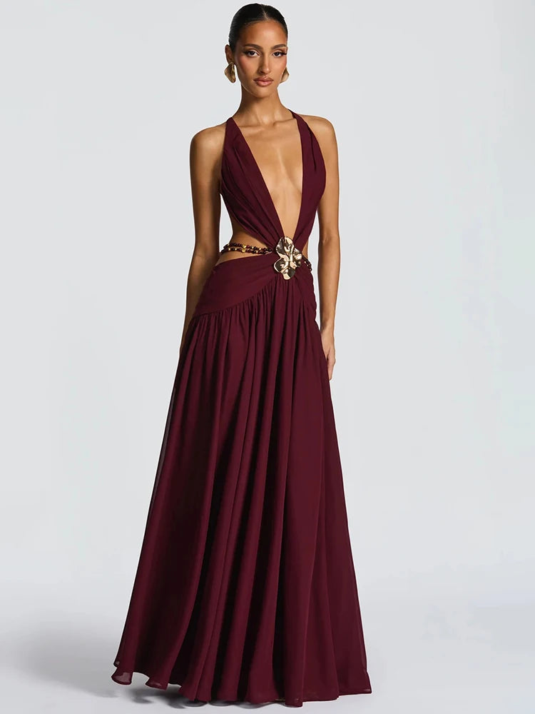Hollow Out Deep V Neck Sexy Maxi Dress Women Gown Metal Buckle Sleeveless Backless Thigh High Split Club Party Dresses
