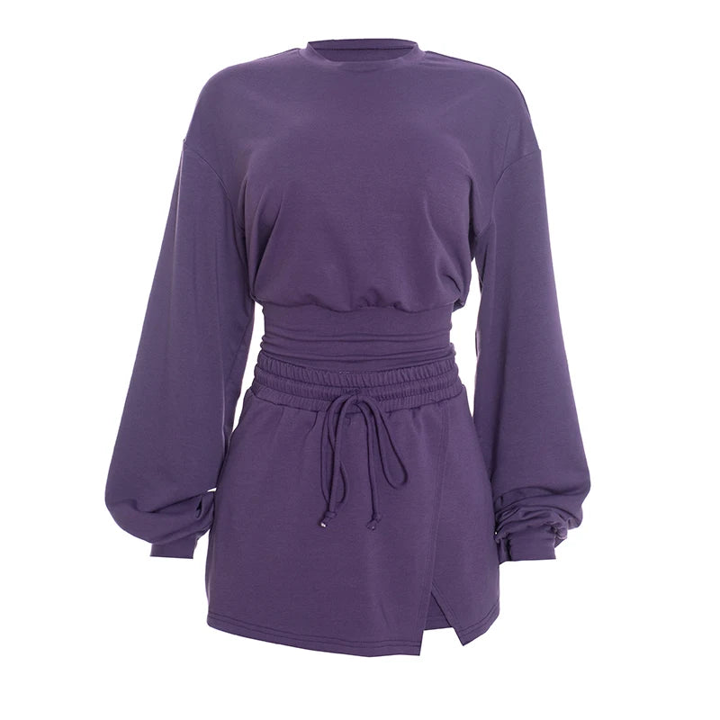 Sporty 2-Piece Set Women o-Neck Lantern Long Sleeve Crop Tops+Split Drawstring Skirt Fashion Summer Autumn Suits