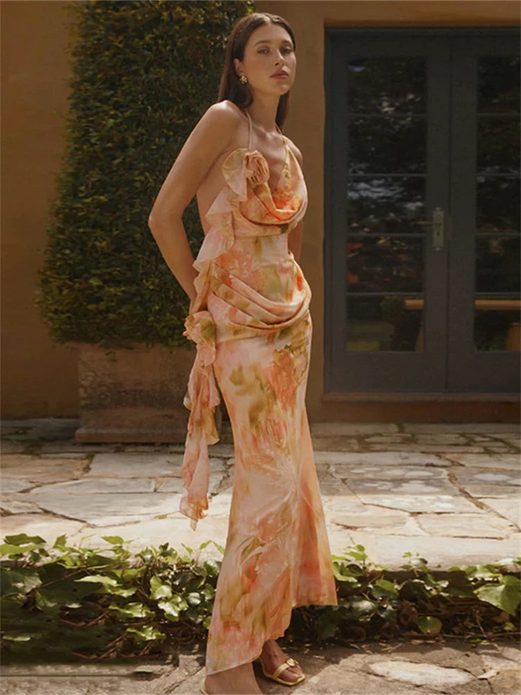 Tie-Dye Fashion Maxi Dress Women Applique Lace-Up Halter Ruffles Tassel Vacation Beach Party Ruched Elegant Vestidos