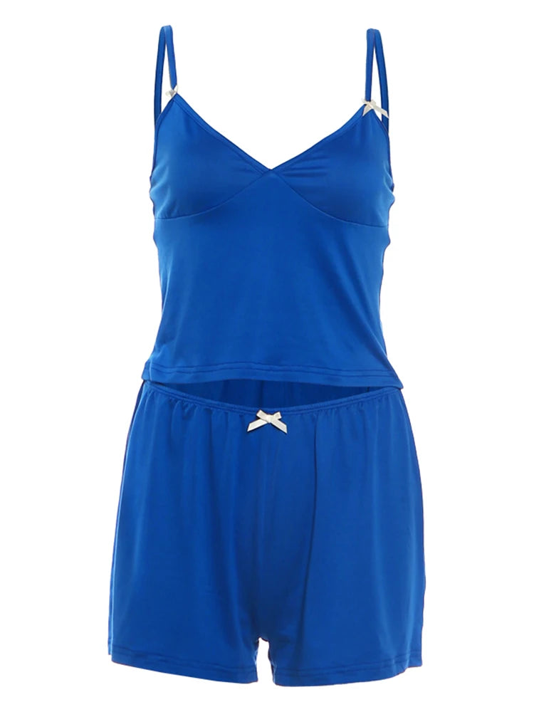 Sporty Streetwear Women Trend Simple 2-Piece Set Trend Fashion Bow Appliques Low Chest Camisole+Shorts Hottie Suits