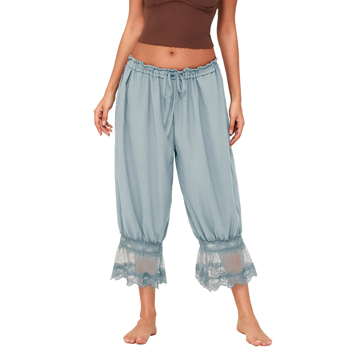 Women Y2K Lace Trim Pants Vintage Pettipants Long Bloomers Pants Under Dress Pantaloons Cute Ruffle Pumpkin Pants