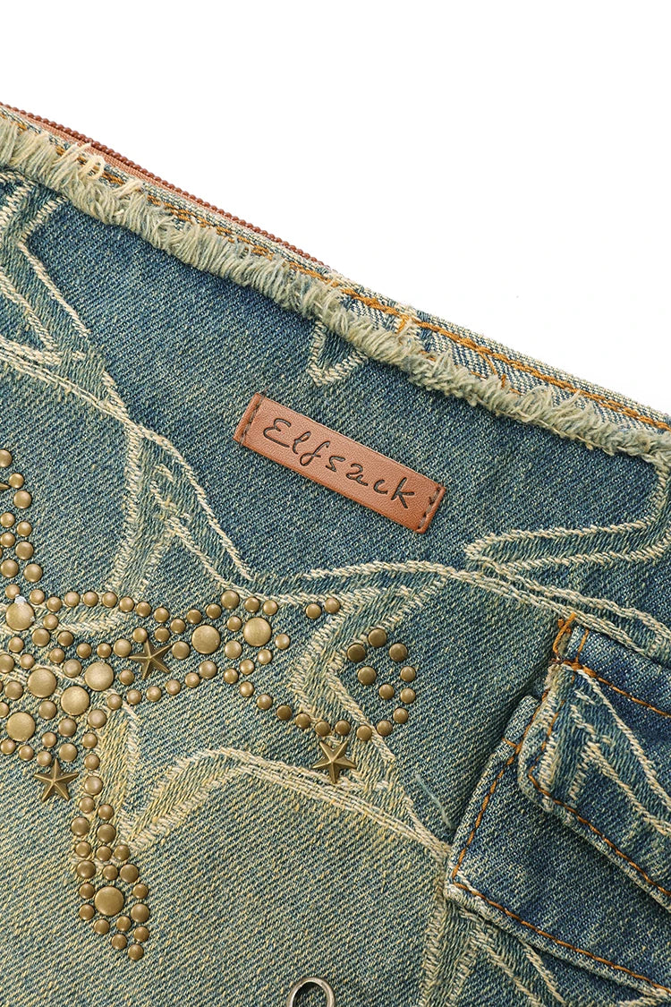 Y2K Vintage Denim Crossbody Bag with Star Print, Frayed Grunge Shoulder Bag for Women, Retro Streetwear Tote Handbag